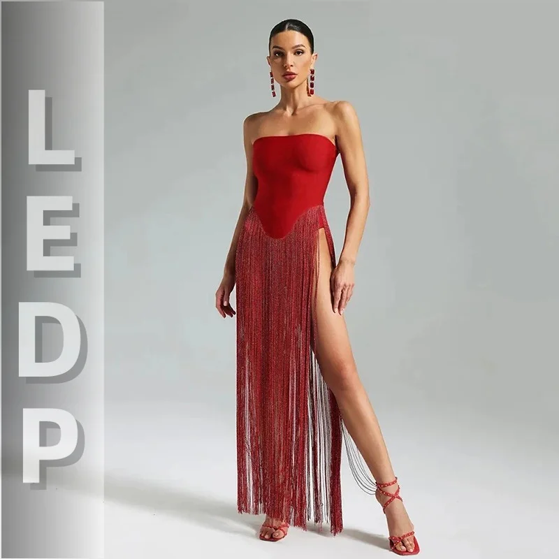 IMU Sexy Glitter Fringe Women's Bodysuit Patchwork Stretch Corset Strapless Tube Top Trendy Concert Nightclub Dance Wear