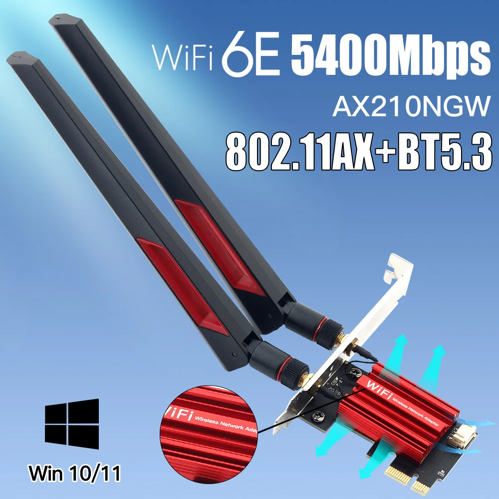 

Wifi 6E AX210 PCI-E Wireless Adapter Bluetooth 5.3 5400Mbps Ethernet Dual Band 802.11AX/AC Wi-fi Network Card For Win 10/11