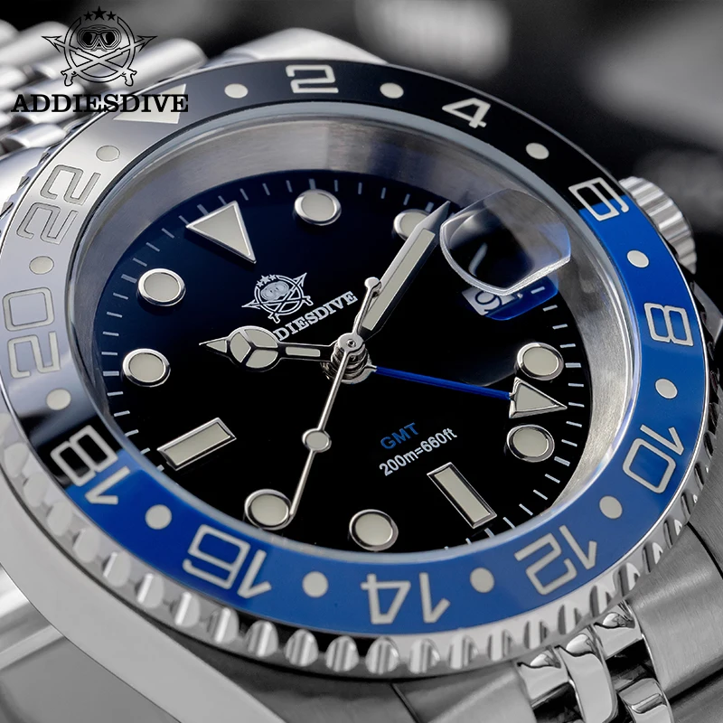 ADDIESDIVE 40mm Men's Watches Luxury Quartz GMT Wristwatch For Men AR Coating 200m Diving 316L Stainless Steel Watch