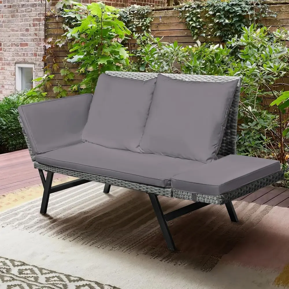 Rattan Patio Daybed with Cushions, Adjustable Armrests, and Pillows for Yard, Porch, or Pool in Gray with Blue Pillowcases