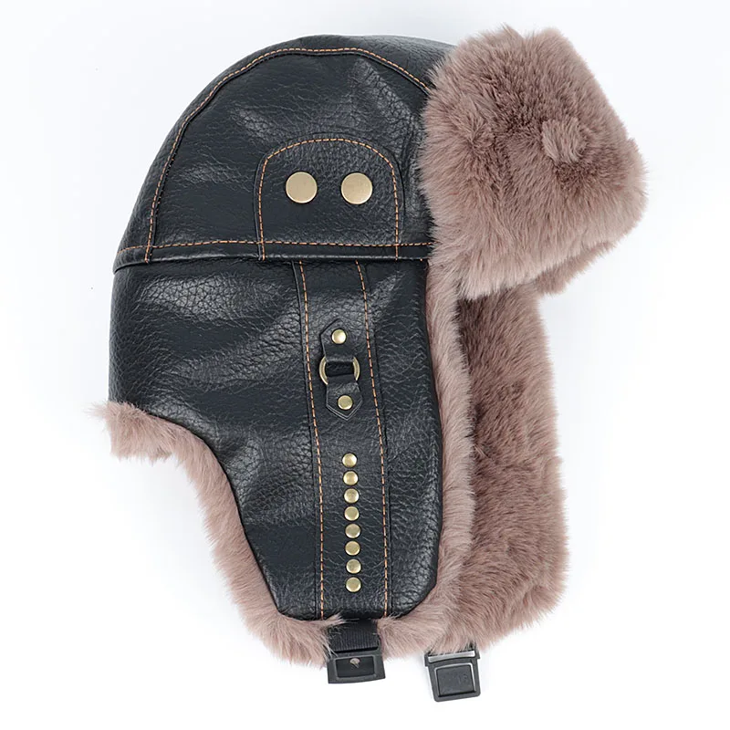 

Зимняя кожаная шапка-бомбер для мужчин и женщин, ушанка 2025, теплая черная шапка из искусственного меха с ушками, осенняя мужская русская шапка-траппер