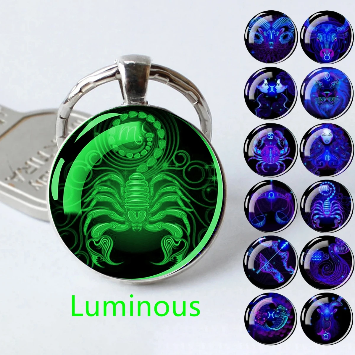 Glow in The Dark 12 Constellation Keychain Zodiac Sign Glass Dome Key Chain Pendant Birthday Jewelry Accessories