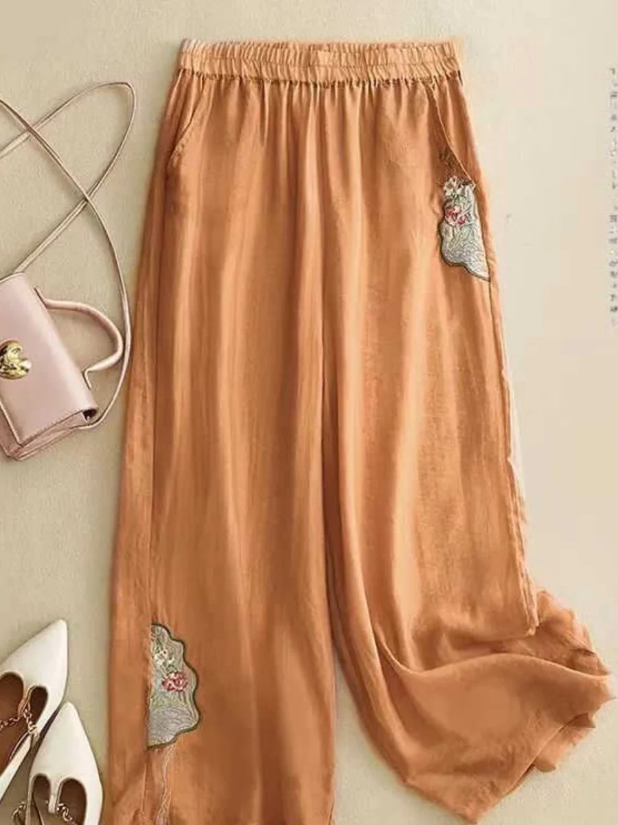 Summer Casual Cotton Linen Loose Wide Leg Pants High Waist Nine Points Stitched Decorative Plants Women's Fashion Trousers
