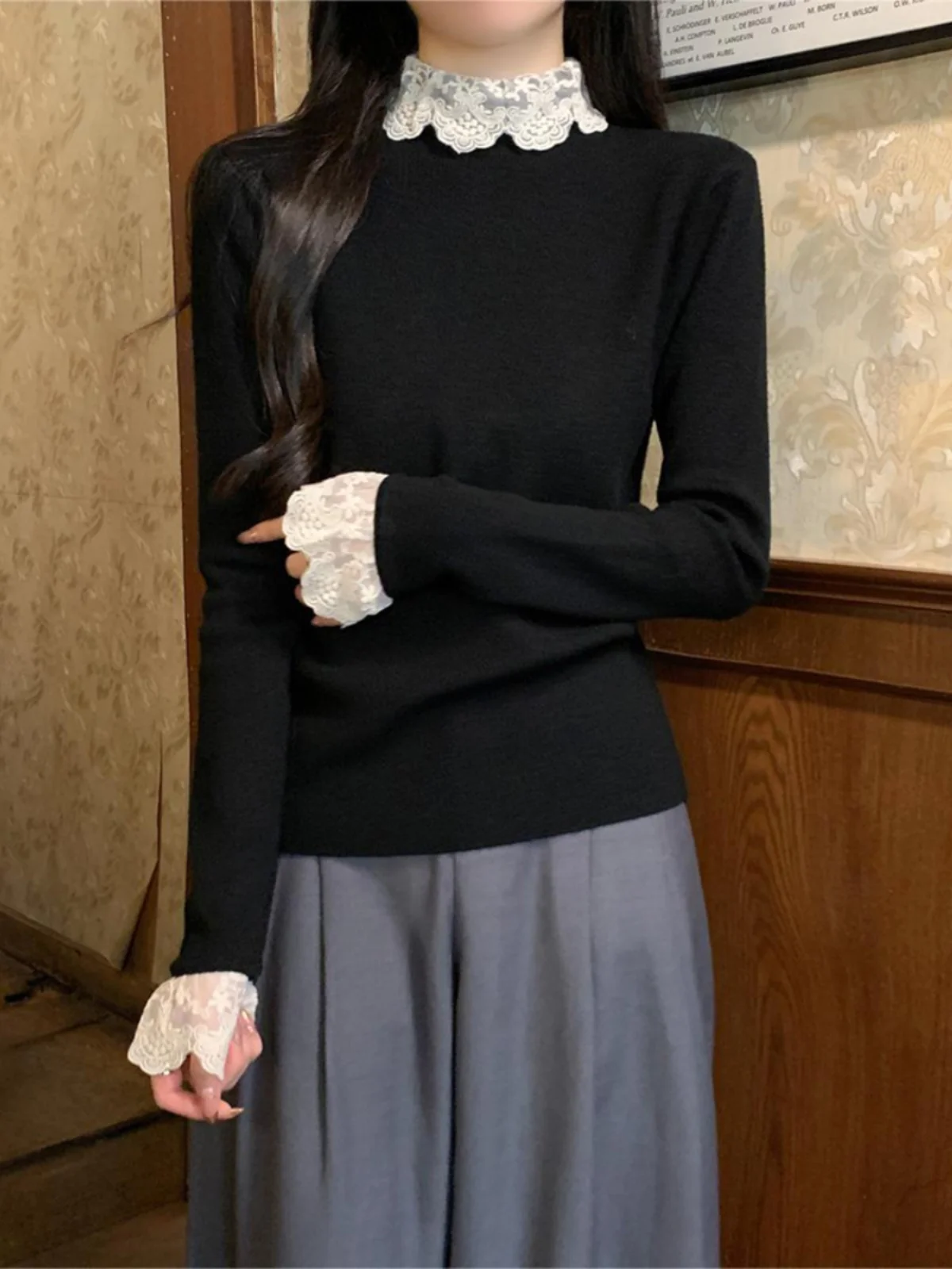 Langarm Spitze Verstärktes Strick Pullover Frauen Pullover Neue Mock Neck Stricken Pullover Pullover Frauen Tops Sueters De Mujer Q180