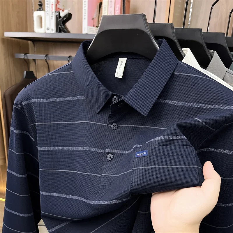 High Quality, Autumn Men's Long Sleeved Polo Shirt with Button Striped Pocket Design, Casual and Fashionable Inner Shirt