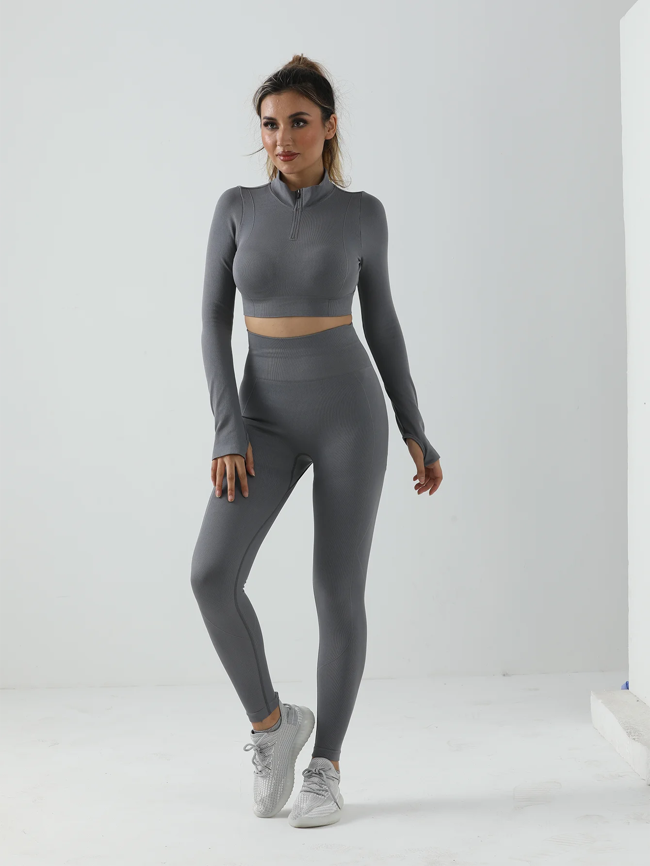 Feminino cintura alta ginásio conjunto de correspondência sem costura yoga outfit roupas esportivas mulher ginásio leggings esportivos e manga longa conjunto controle barriga