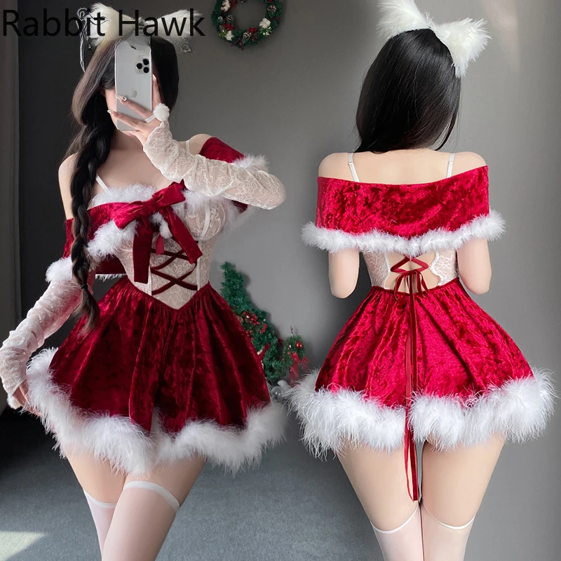 

Women Christmas Lingerie Sexy Santa Claus Lace Babydoll Christmas Party Carnival Shiny Dress Club Party Disco Velvet Dance Dress