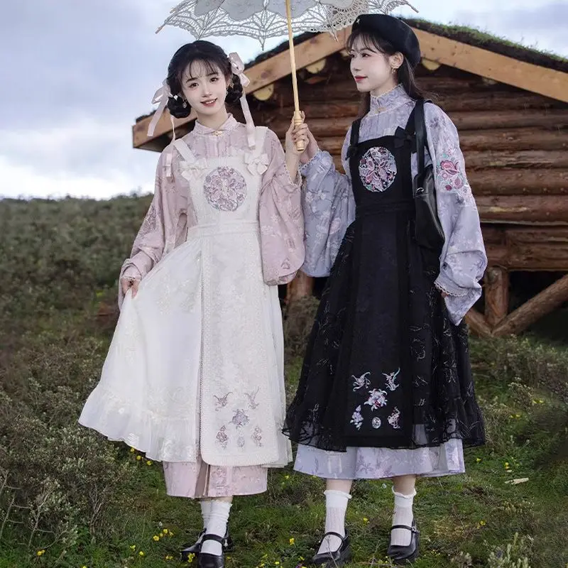 

Милое длинное платье-рубашка с китайским вышивкой и воротником-папа, женское осенне-зимнее платье-рубашка в стиле Лолиты с вышивкой на бретельках, комплекты платьев