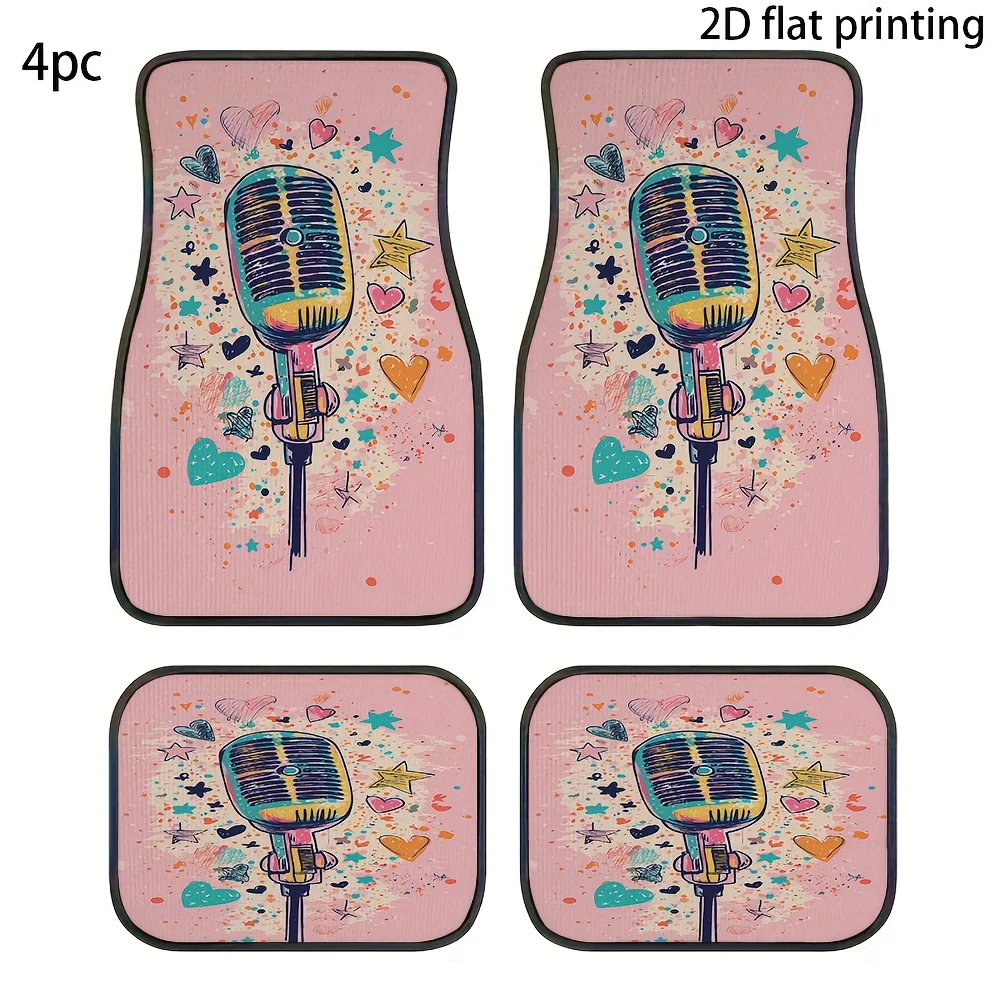 4pcs Car Floor Mats, Featuring A Pink Background With Heart-Shaped Stars And Microphone Patterns, Made Of Polyester Fiber, Unive