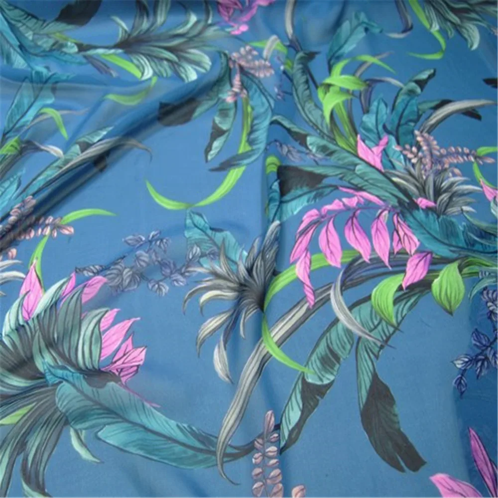 Elegant Blue Floral Ins Style Pure Printed Silk Georgette Fabric for Spring Lady Beach Cover Dress