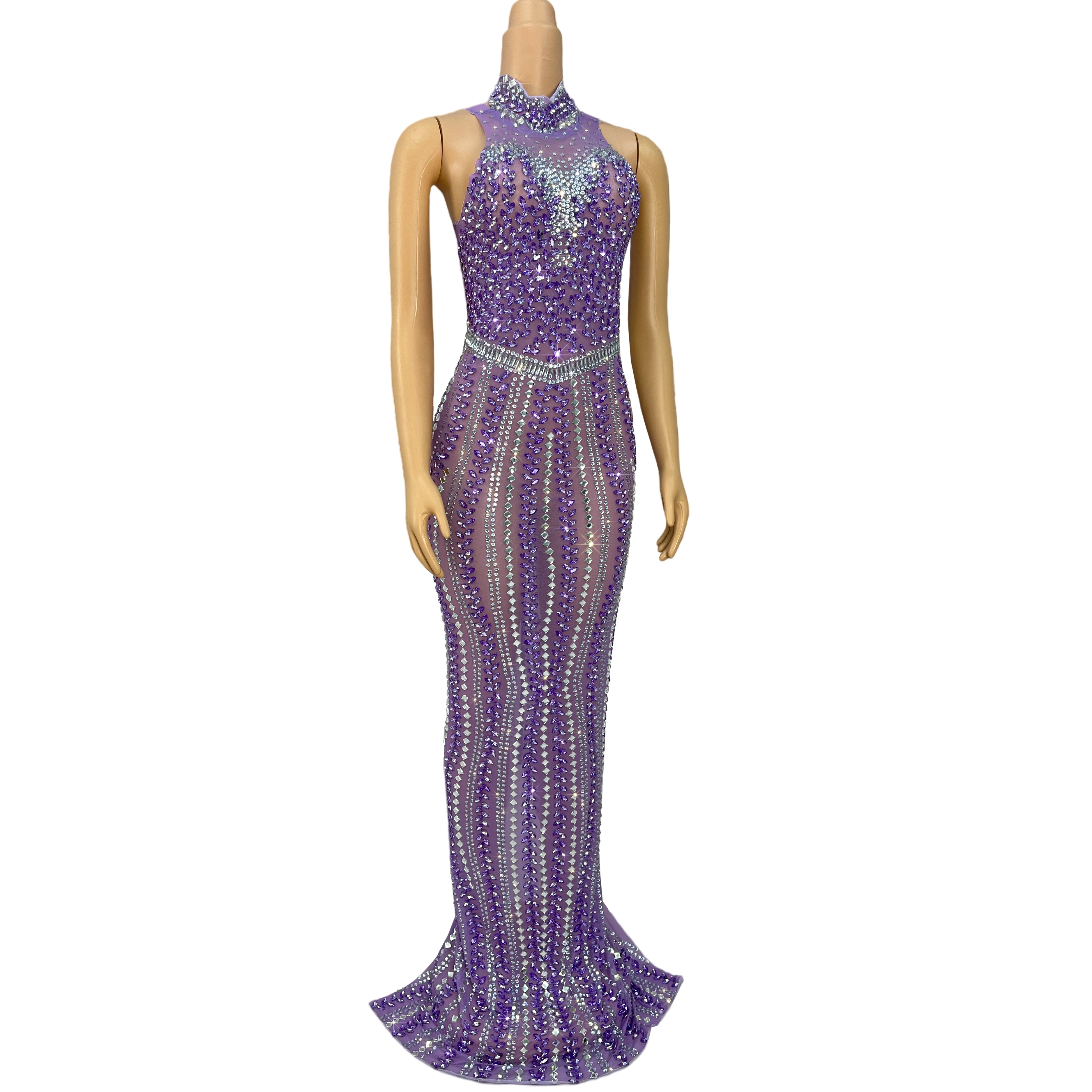 Vestido de noche morado elegante para mujer, vestido largo sexi de malla transparente con diamantes de imitación brillantes, traje de fiesta de graduación, disfraz de alfombra roja Zizi