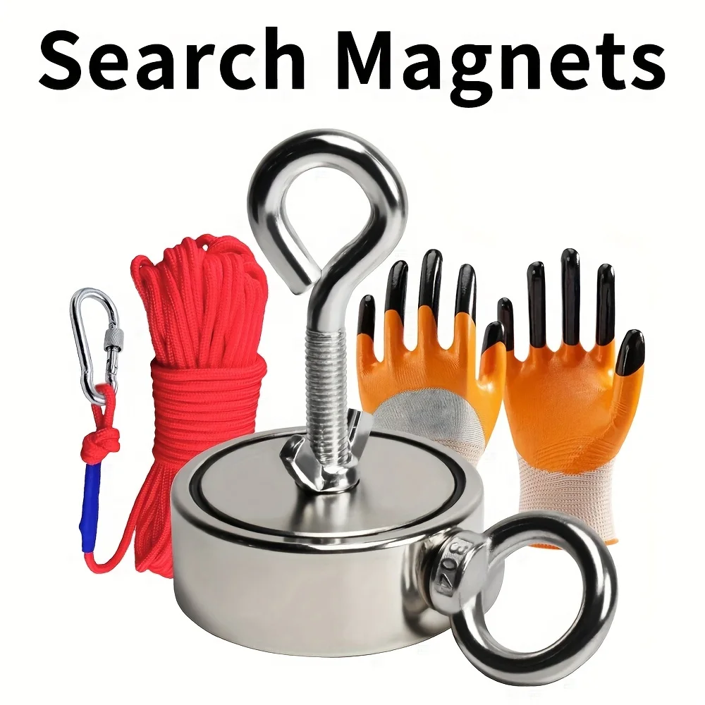 

Супермощный двусторонний магнитный инструмент для рыбалки с комплектом для извлечения: трос, перчатки, карабин