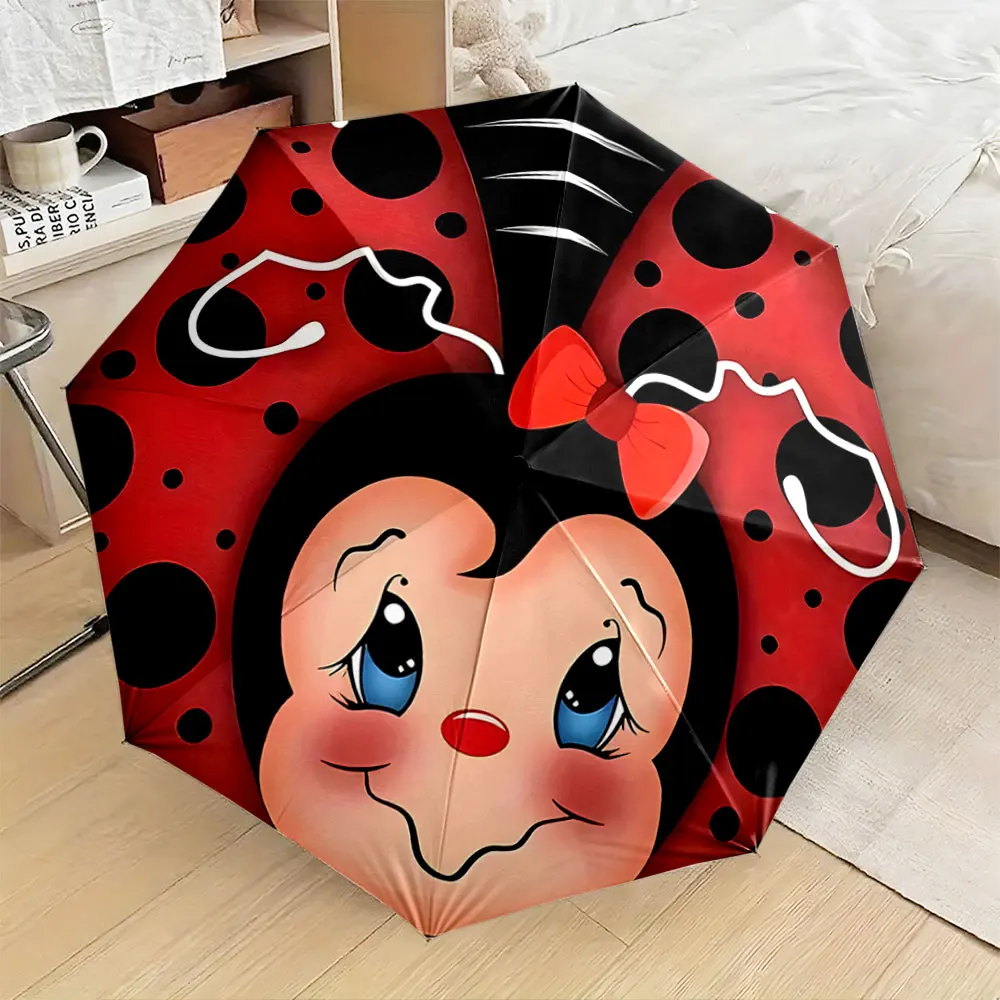 1PC Cute Ladybug Umbrella with Red and Black Design Print 8 Iron Ribs Folding Umbrella Auto-Open Fashion Sunshade