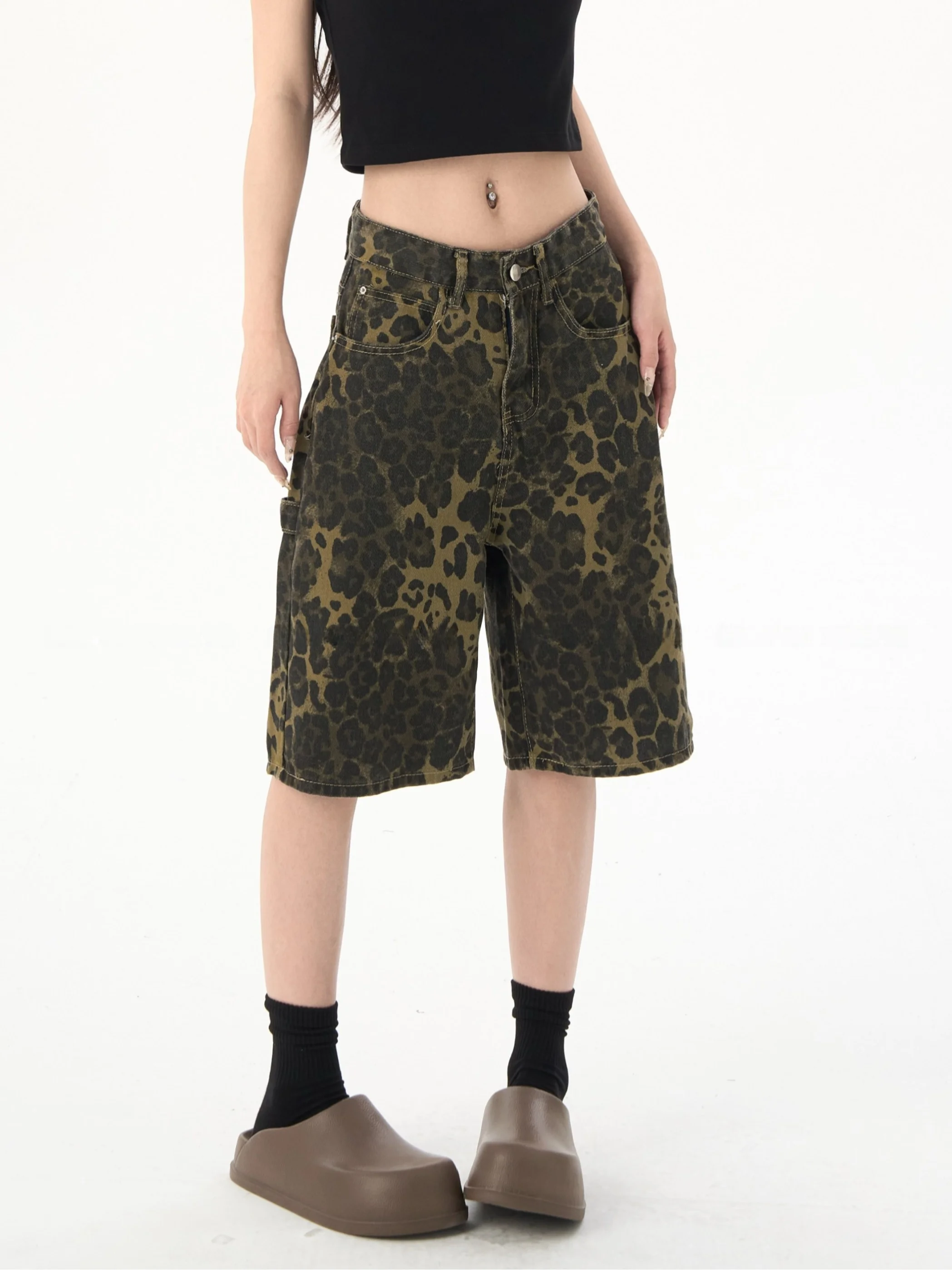 

Американская уличная одежда в стиле ретро, прямые брюки с леопардовым принтом, женские пряные брюки пять четвертей, широкие повседневные джинсы