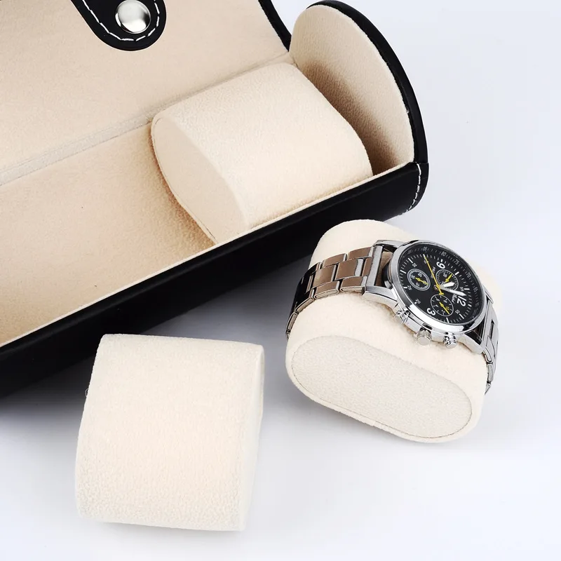 PU Leather Watch Storage Box Mechanical Watch Display Packaging Box round Cylinder Three Places High End Watch Case