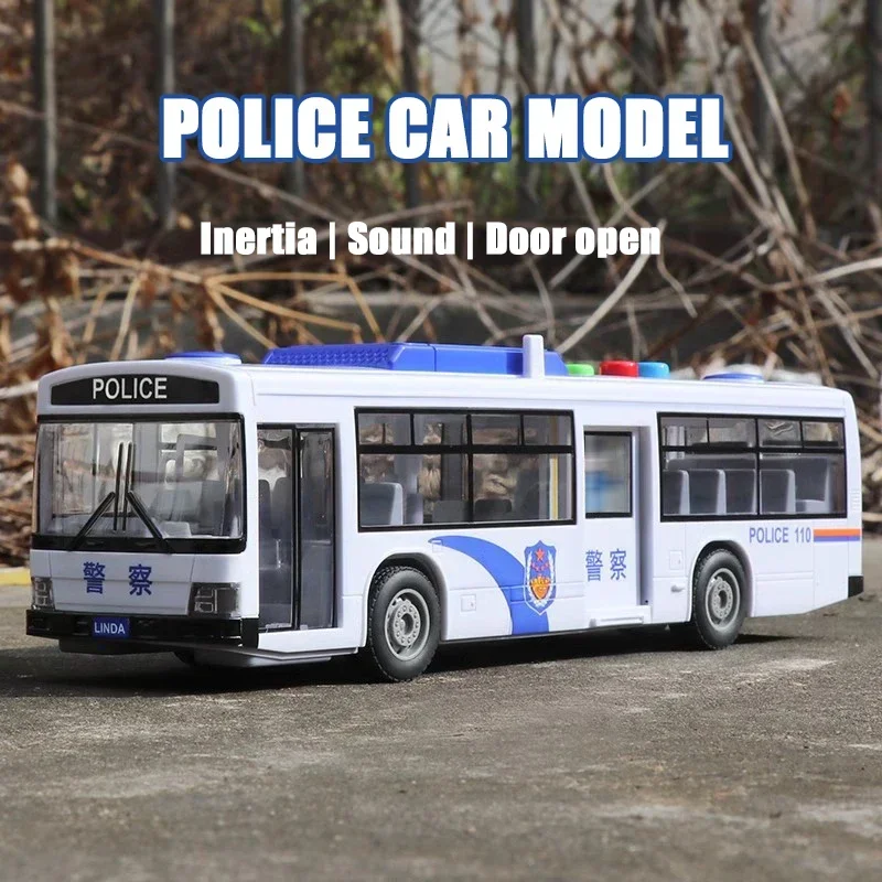 Modello di autobus della polizia per bambini, porta aperta, autobus della polizia simulato, auto inerziale con suono leggero, veicolo di guida per bambini, regalo di Natale