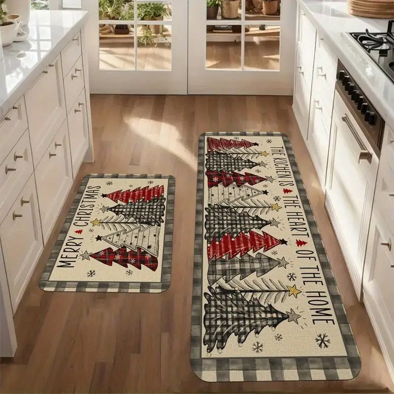 VIKAMA Winter Tree Kitchen Mat Plaid Border Red Black Cooking Heart Home Non Slip Absorbent Washable Christmas Holiday Decor