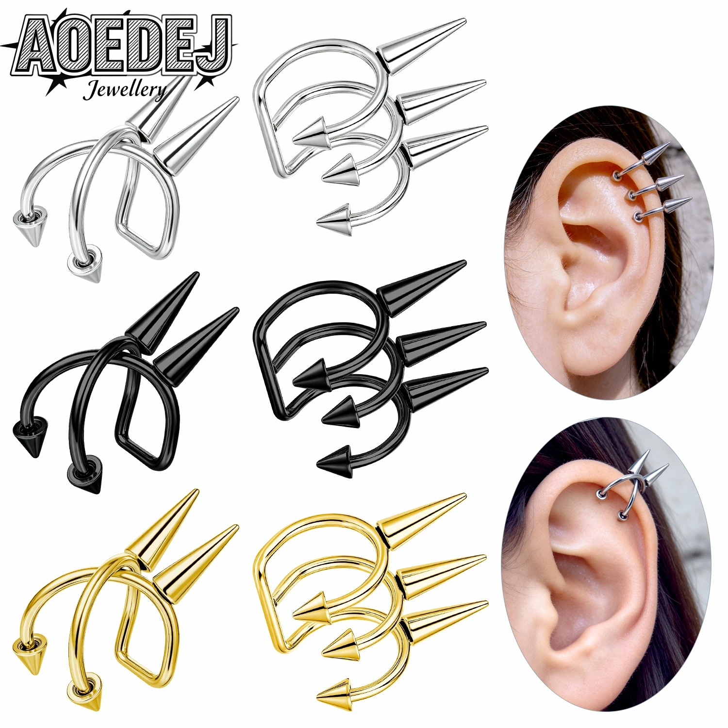 AOEDEJ 1 PC-2PCS/LOT Stainless Steel Ear Clips Black Clip-on Earrings Double Laywer Spike Taper Faux No-Piercied Helix Piercings