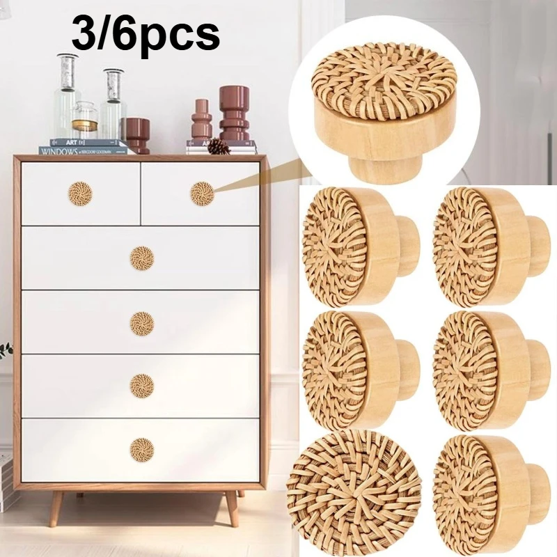 3/6Pcs Rattan Wooden Drawer Knobs Round Handmade Woven Cabinets Dresser Furniture Handles Kitchen Cupboard Wardrobe Door Pulls