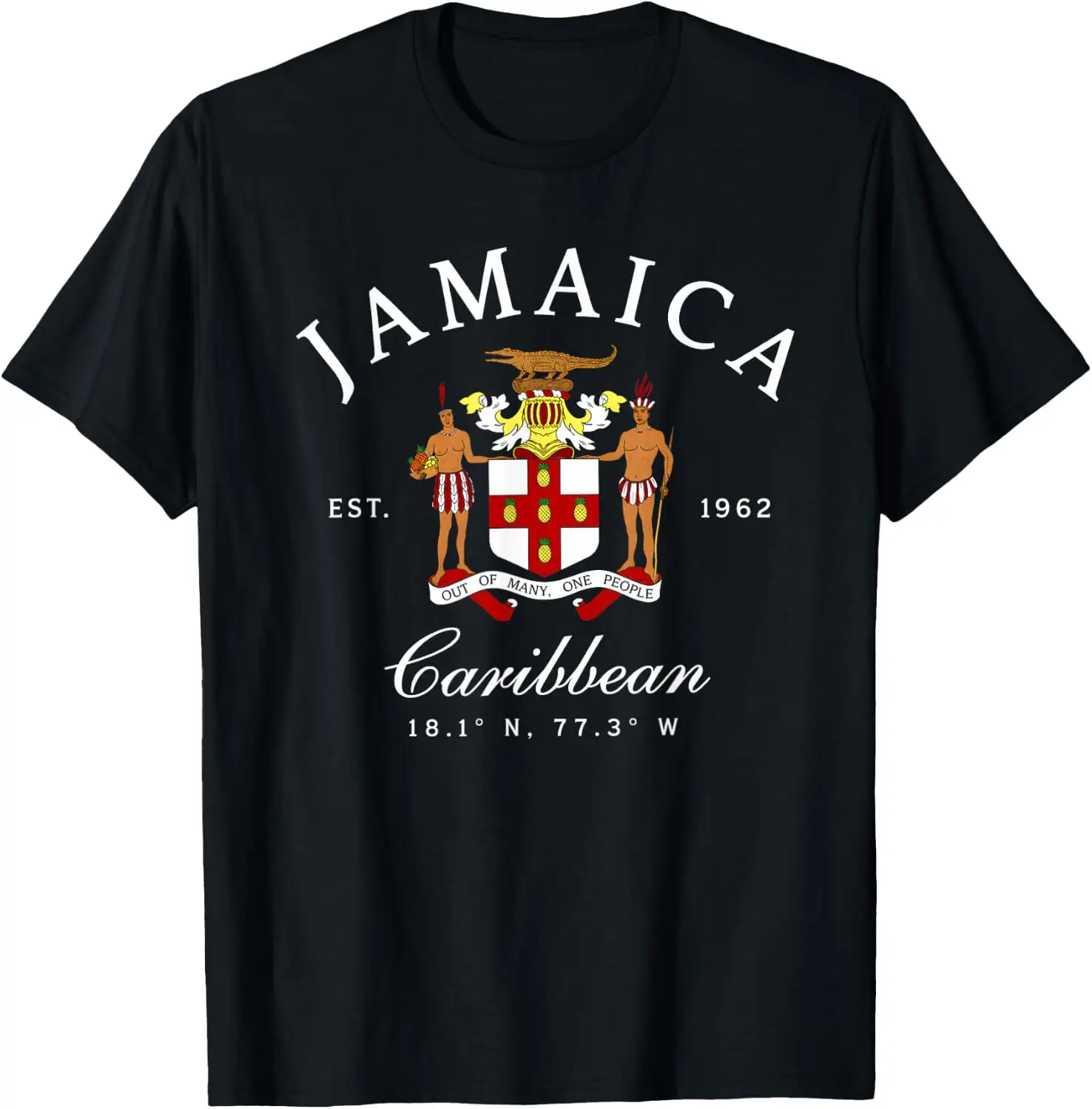 Jamaica Est 1962 Caribbean Jamaican Independence Day Flag T-Shirt Men Women Unisex Novelty Graphic T‑Shirt, Classic Crew Neck 100% Cotton Tee, Lightweight Anti‑Pilling Breathable Casual Tops, Year‑Round Daily Outfit, Holiday Birthday Present Tee