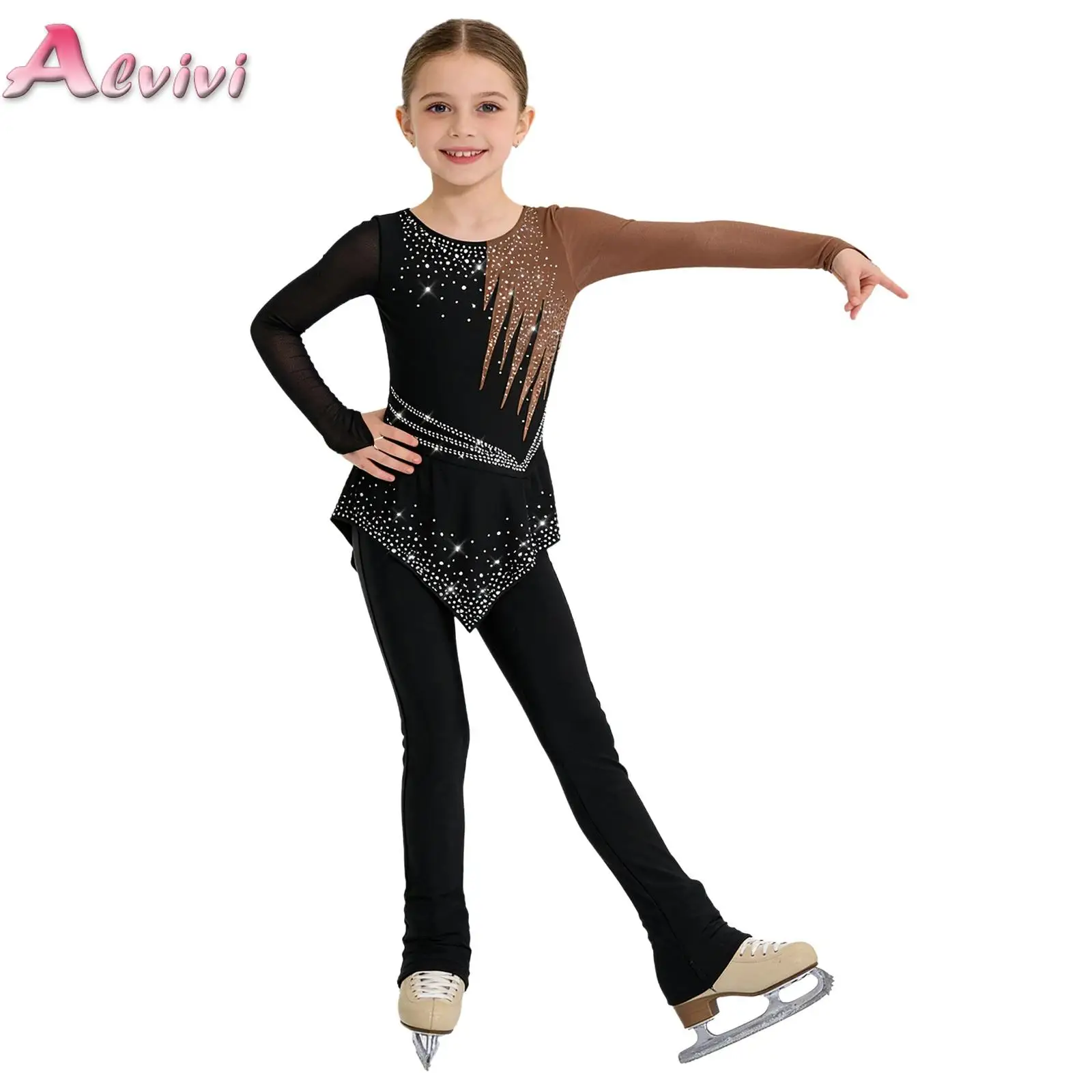 Kids Girls Color Block Figure Skating Jumpsuit Long Sleeves Finger Holes Shiny Rhinestones Peplum Ballet Dance Bodysuit Dresses