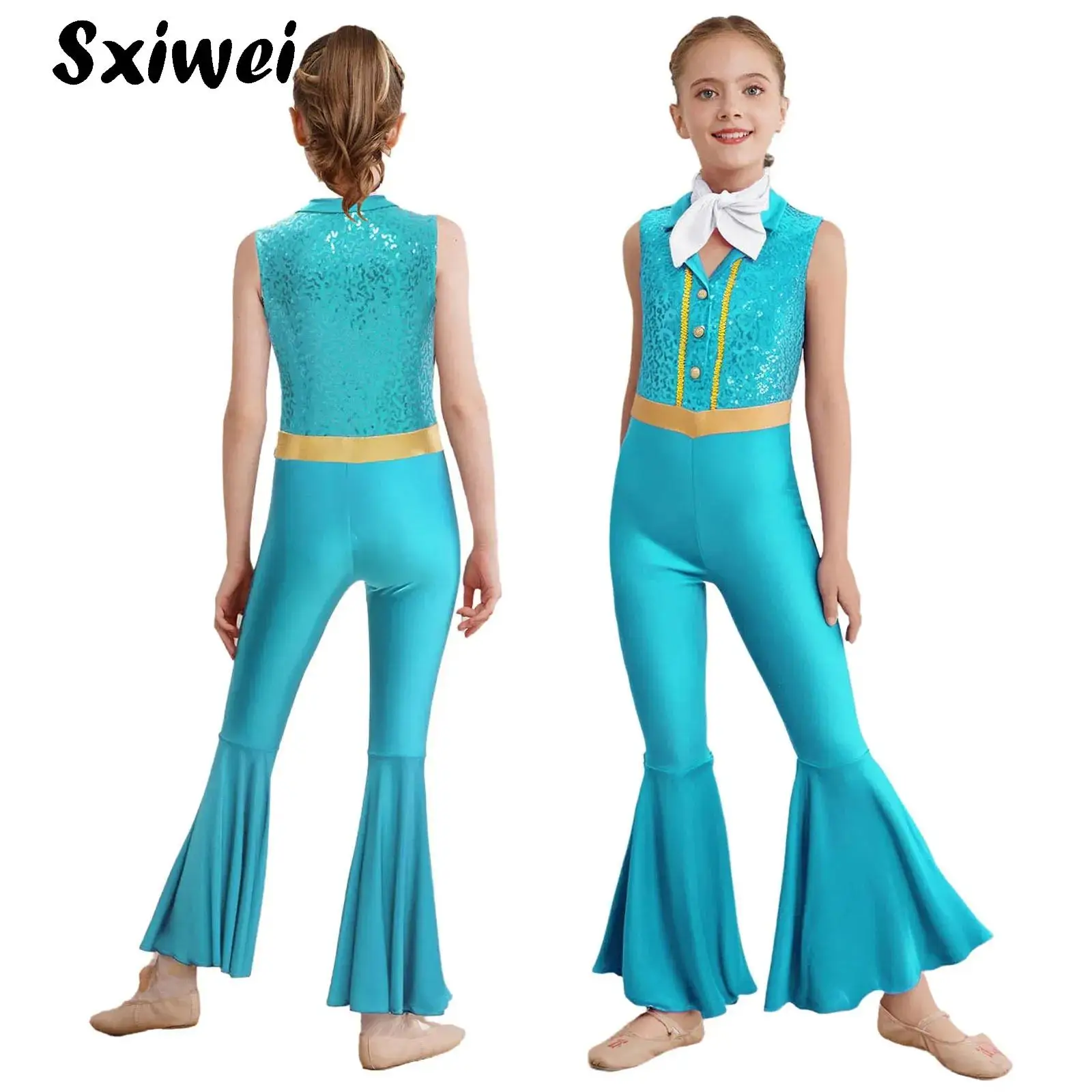 

70s 80s Disco Flare Jumpsuit for Kid Girls Sequins Lapel Collar Full Body Leotard Halloween Hippie Costume Carnival Dancewear
