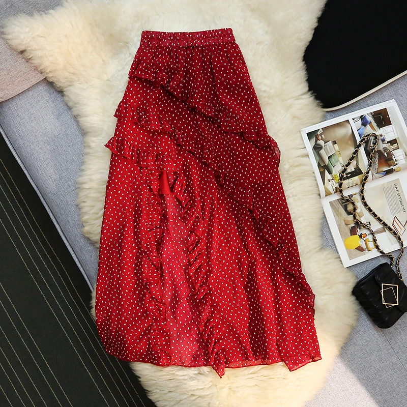 

Seoulish Vintage Dots Printed Women's Cake Skirts 2025 New Summer Red High Waist Irregular Ruffles Loose Umbrella Skirts Female