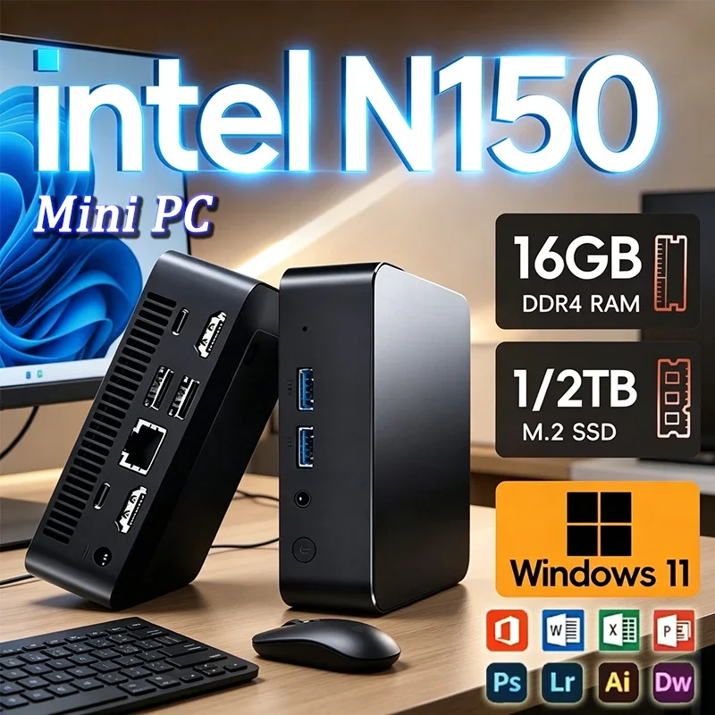 2026 New Mini PC Core N150 Low Power 16GB Large RAM 1T 2T High Speed SSD Ultra 4K HD Display Business Desktop Device