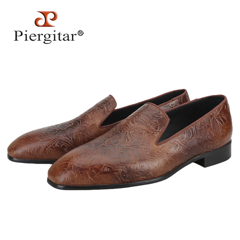 Piergitar Brown And Black Arabesque Embossed Waxed Genuine Leather Men's Loafers Handmade Slip-On Smoking Slippers Red Bottom