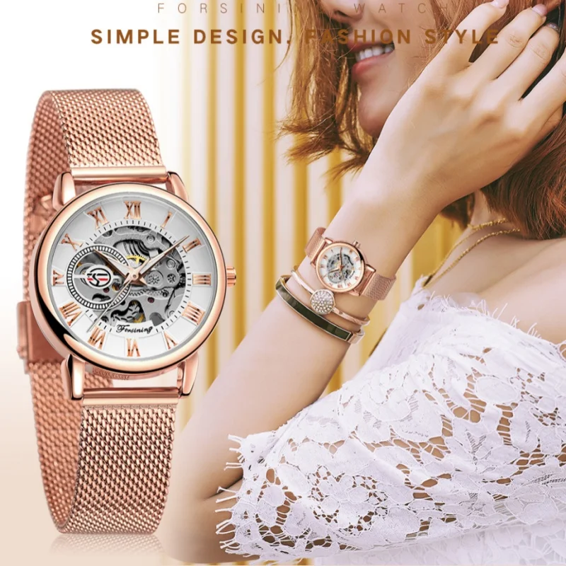 Forsining 99 reloj de pulsera mecánico para mujer, reloj de esqueleto elegante, relojes de lujo de fábrica, relojes de mujer de oro rosa