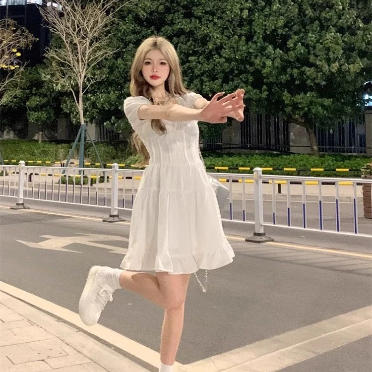 여름 신상 화이트 퍼피 돌 칼라 드레스 여성용 오트 스웨이드 허리 조임 소형 사이즈 요정 스커트 엘레 슬레 티잉