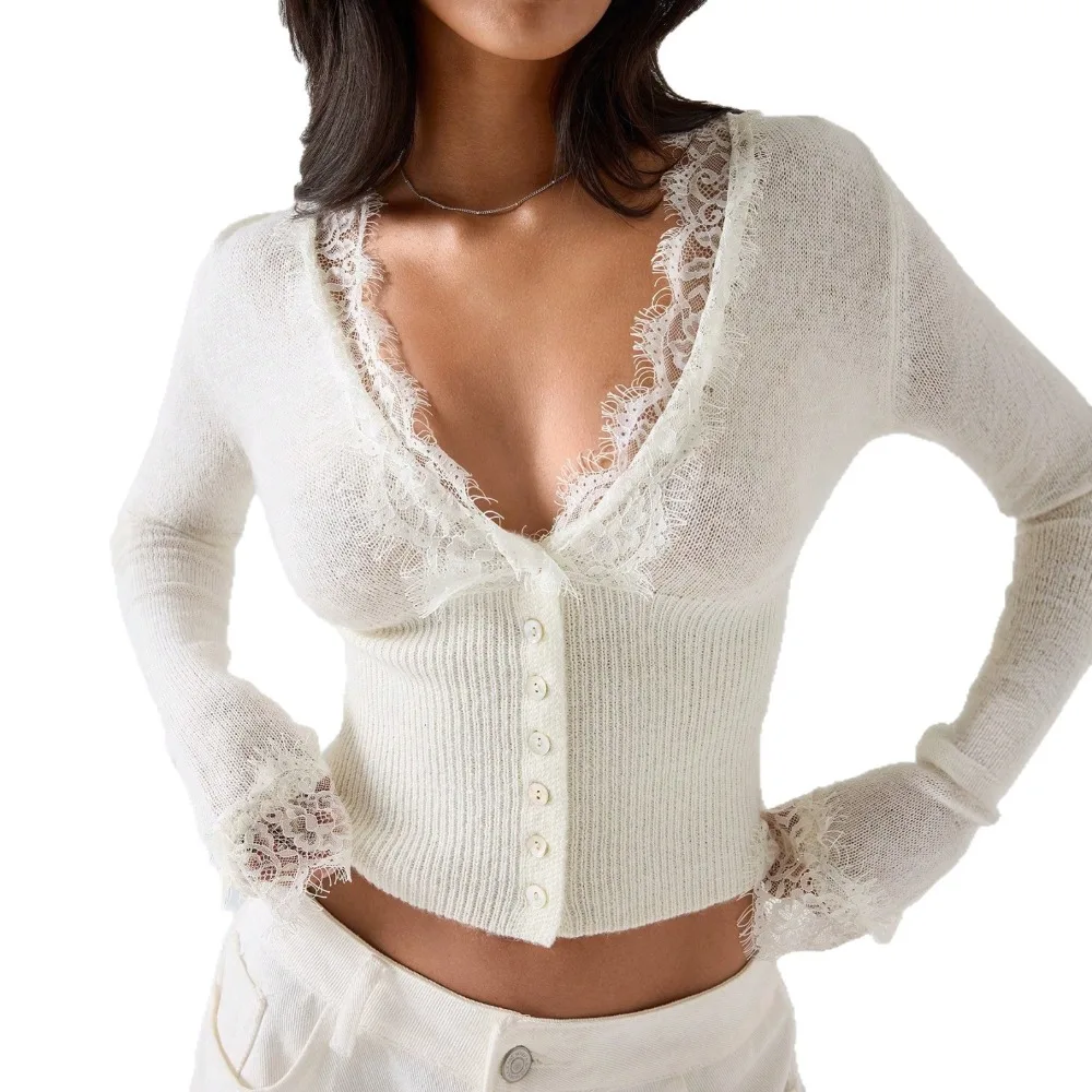 New in Autumn 2026 Lace Royal Sister Textured Knitted Sweater Slim Women's Top with Unique Texture Fashionable Simple Versatile