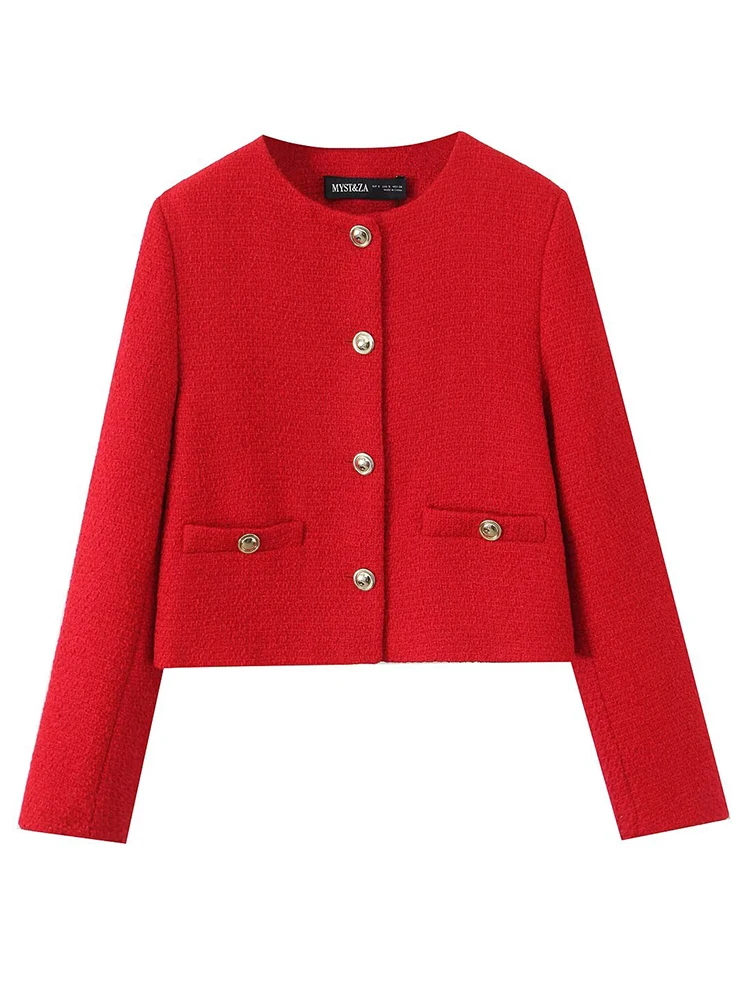 

TRAF Women's Red Cropped Jacket 2025 Spring Office Ladies Long Sleeve Short Coats Fashion Casual Streetwear New Outerwears
