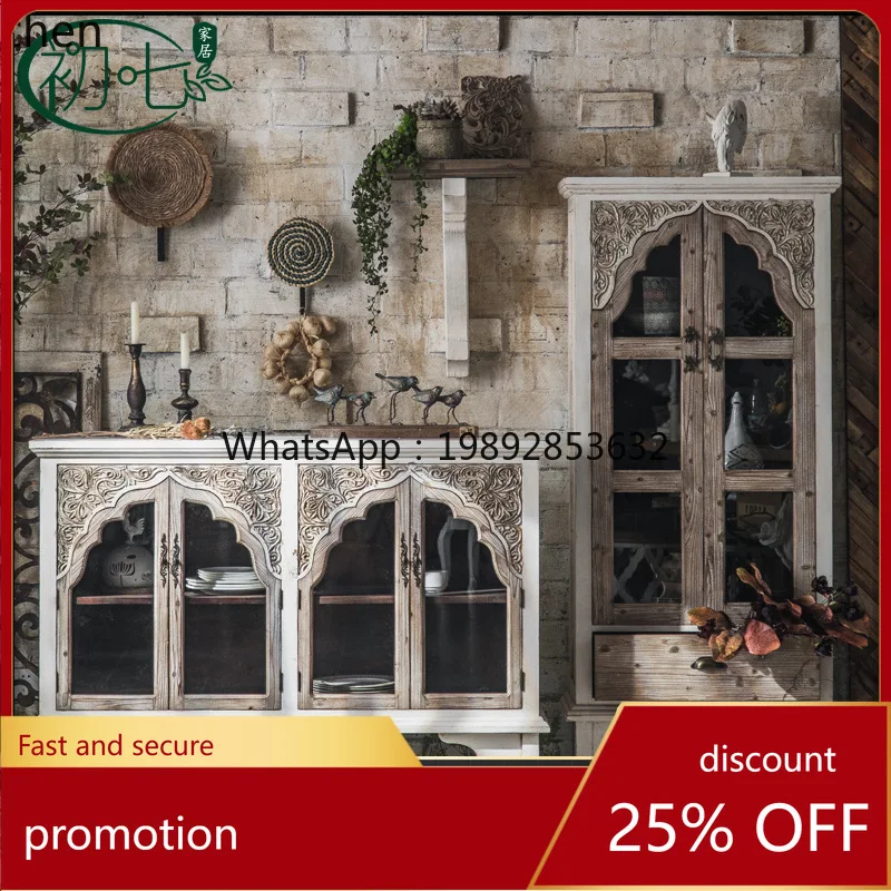 

ZML Vintage Distressed Glass Cabinet Wedding Decoration Sideboard Wooden Cabinet Storage Home Living Room Tea Cabinet