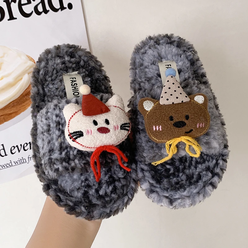 Children Cute Flat Slippers Winter Cartoon Doll Girls Princess Home Cotton Shoes Open-toe Soft  Kids Warm Plush Flat Slippers