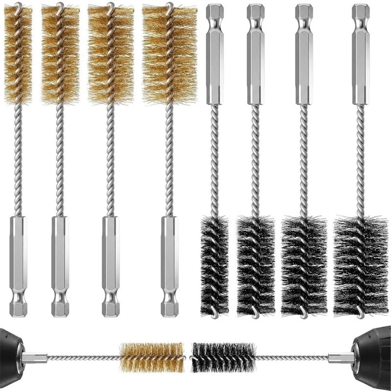 ABVC For Drill Bore Brush Set- 8 Pcs Stainless Steel& Copper Wire Brushes With Hex Shank Handles For Drill Ports