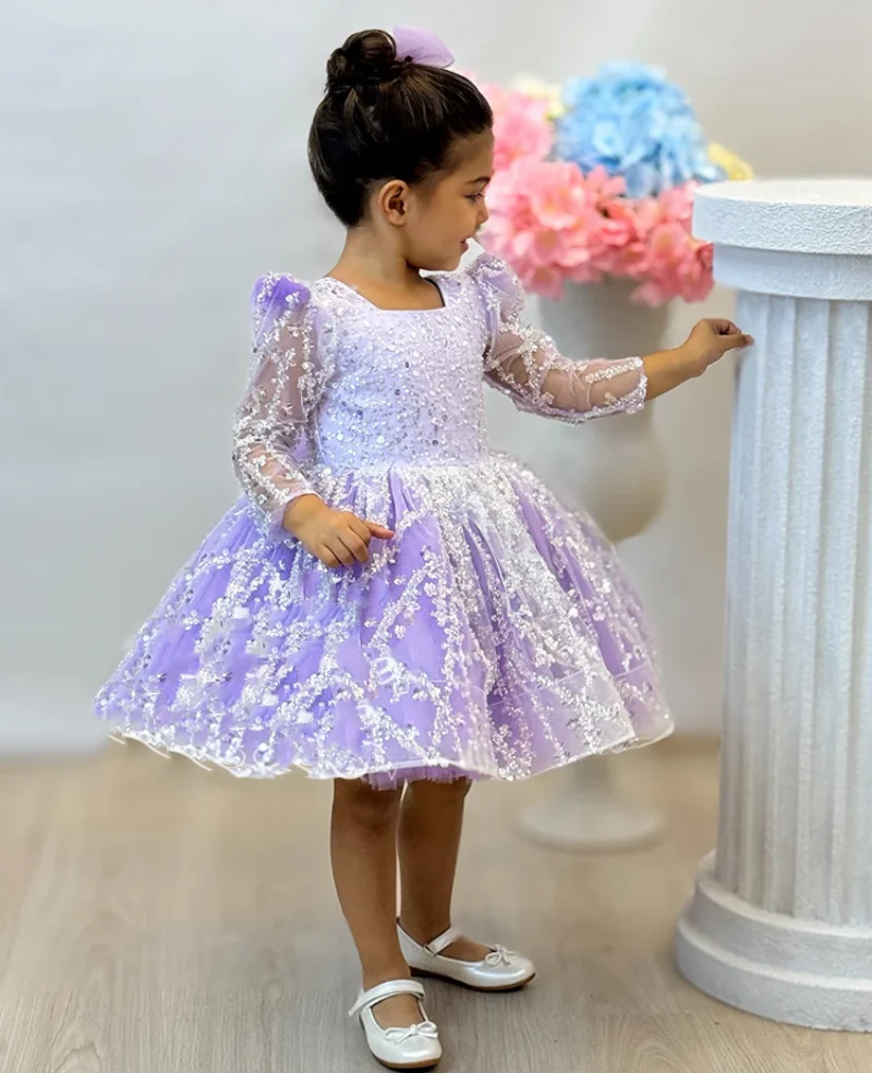 

Cute Real Pics Flower Girl Dress for Wedding Full Sleeve Sequined Tulle Ball Gown Baby Girl Birthday Gown Prom Dress 12M 24M