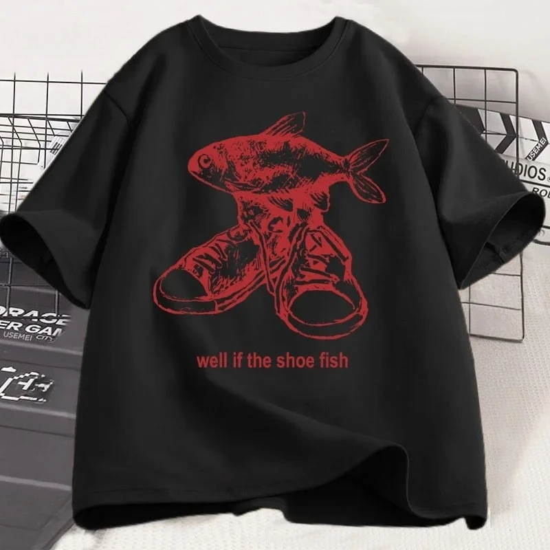 Shoe Fish Cursed T-Shirt Tees Funny Weirdcore Tee 90s Retro Graphic T Shirt Cotton Short Sleeve Women Clothing Tops for Women