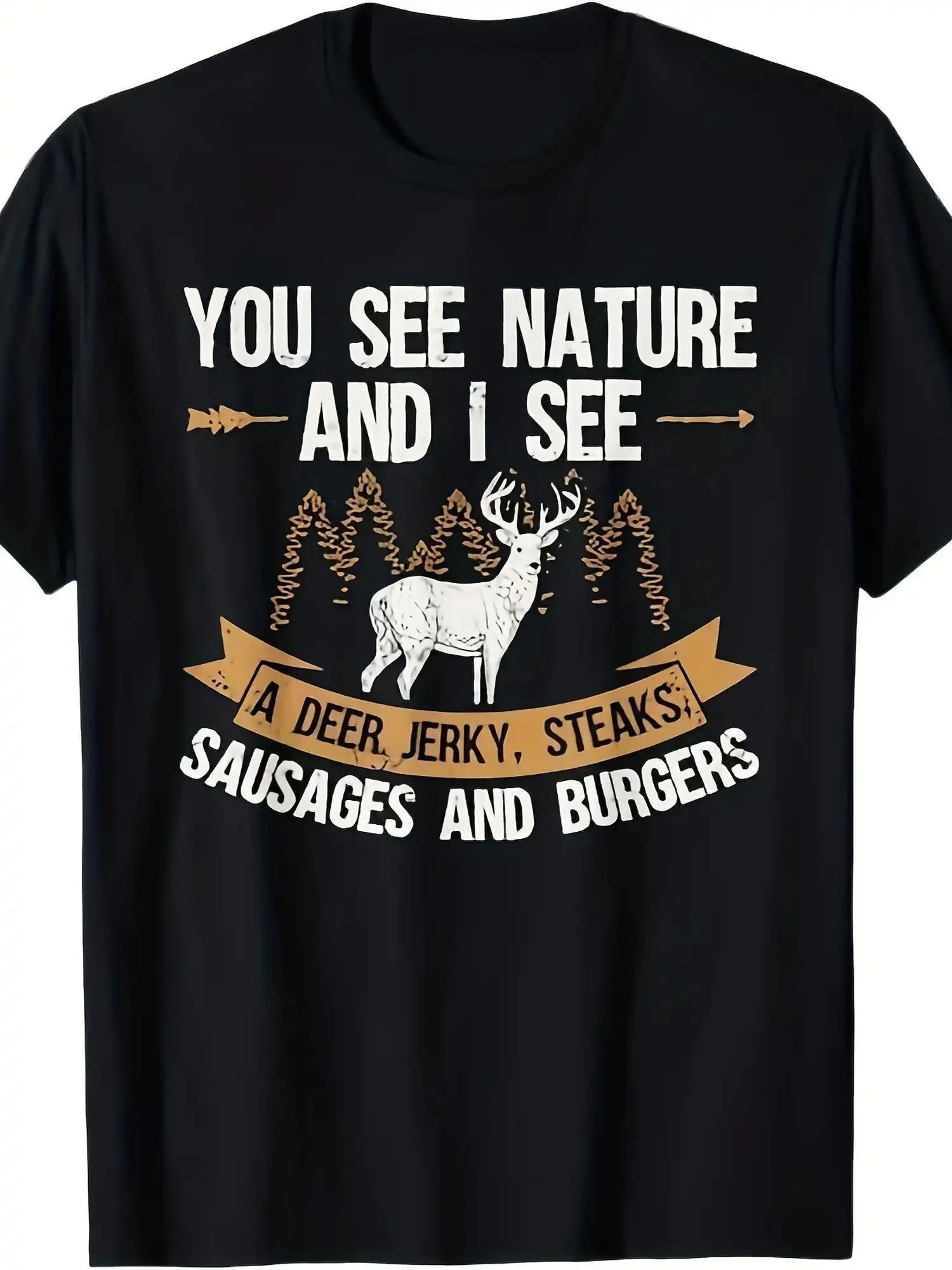 Deer Hunting and Sausage Humorous Graphics T-Shirt - Funny Deer, Dried Meat, Steak, Hamburger Text - Black T-Shirt with Brown