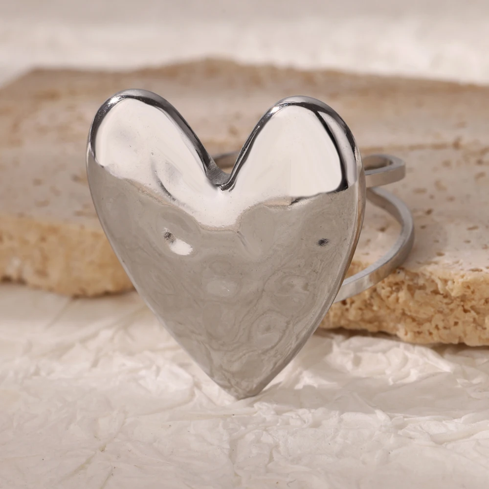 Minimalist Heart Large Round Pattern Stainless Steel Rings For Women Open Adjustable Gold Color Ring Waterproof Jewelry Gift