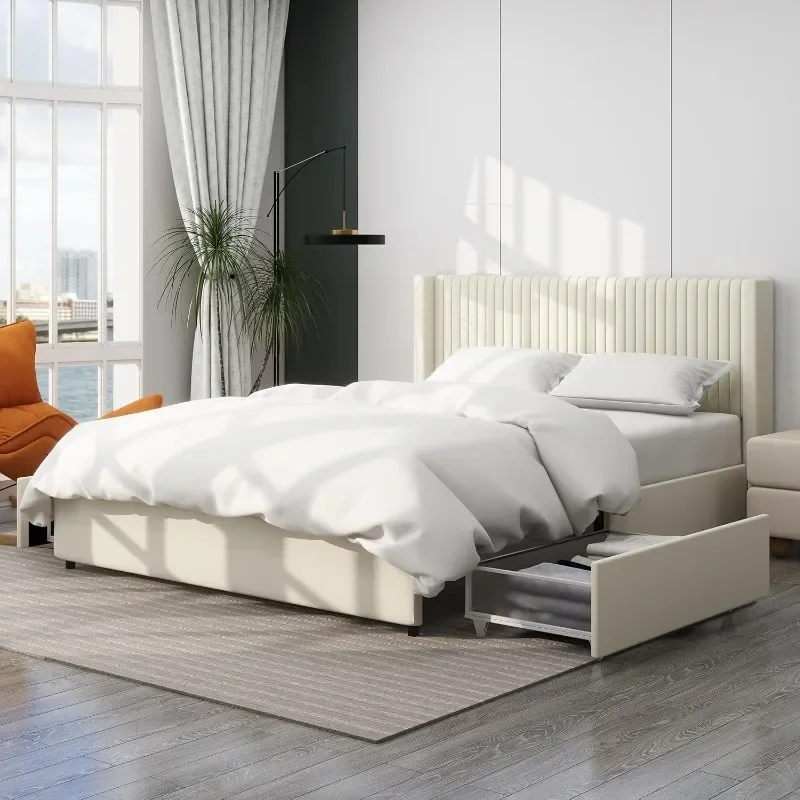 Queen Size Wingback Platform Bed Frame with 2 Drawers, Modern Design Headboard, Wooden Slat Mattress Support, Ivory Velvet