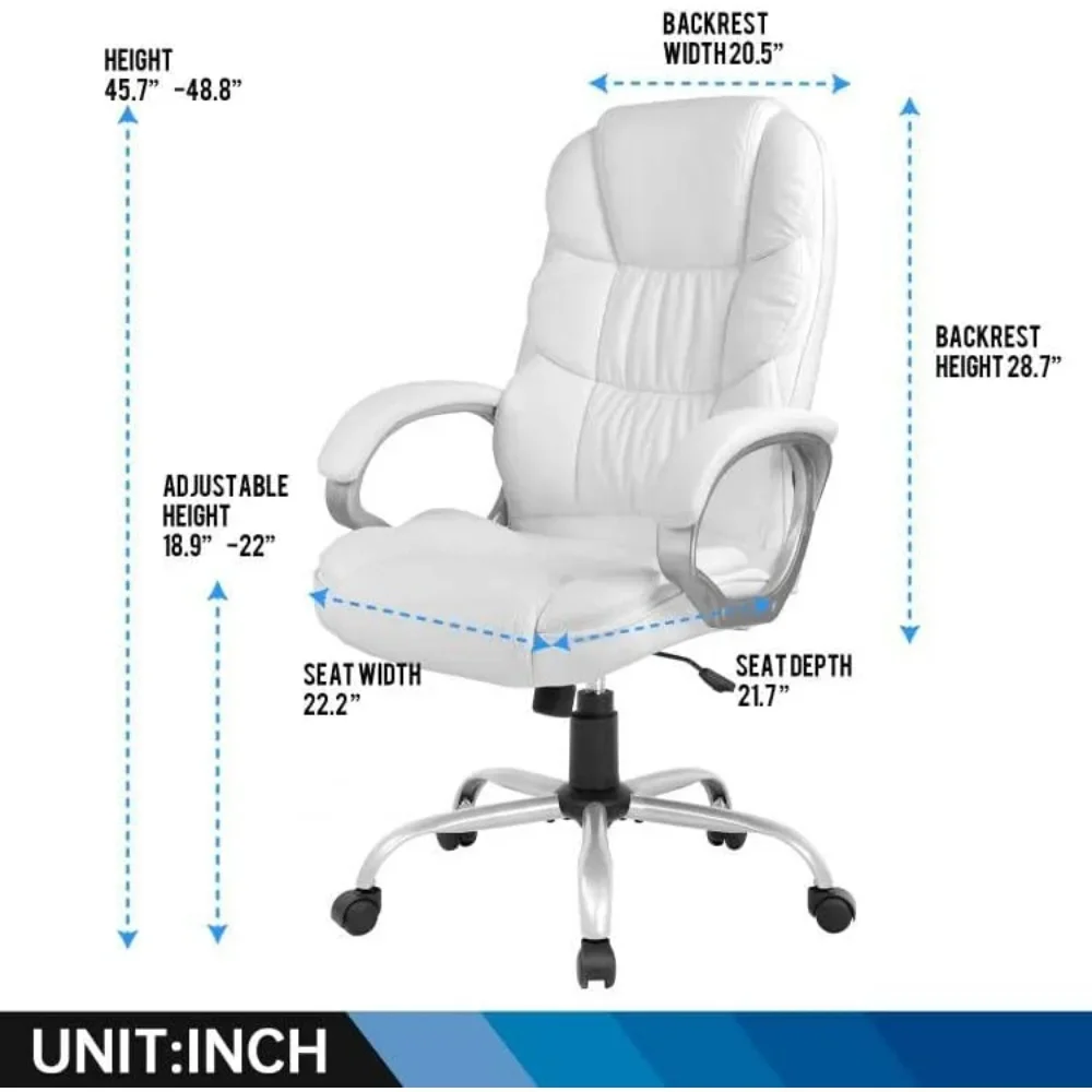 Office Chair Computer High Back Adjustable Ergonomic Desk Executive PU Leather Swivel Task with Armrests Lumbar Support (White)