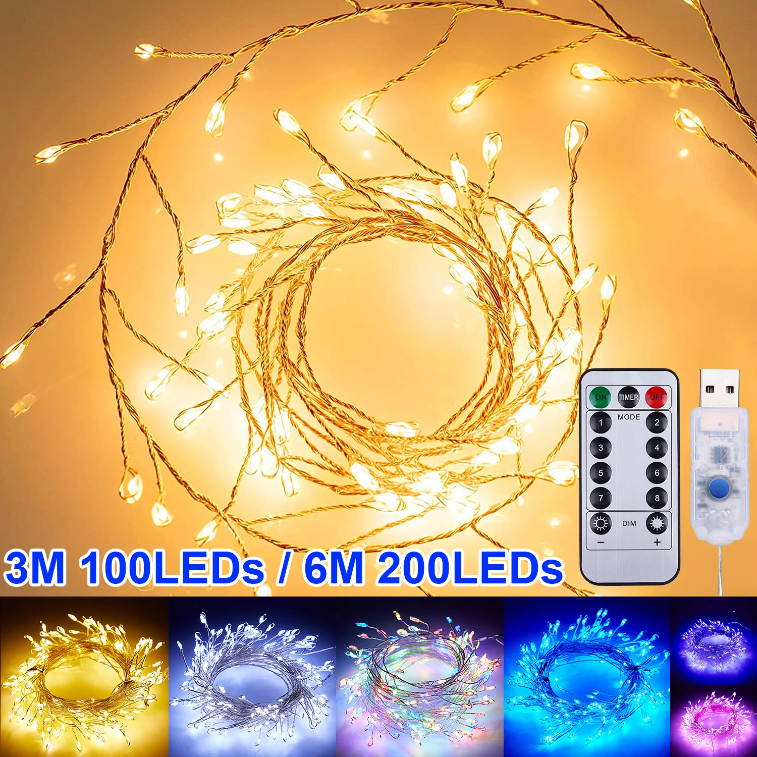 3M 6M USB Power LED Firecracker Fairy Lights Remote Control Dimmable Timer String Lights Wedding Party Garden Christmas Lights