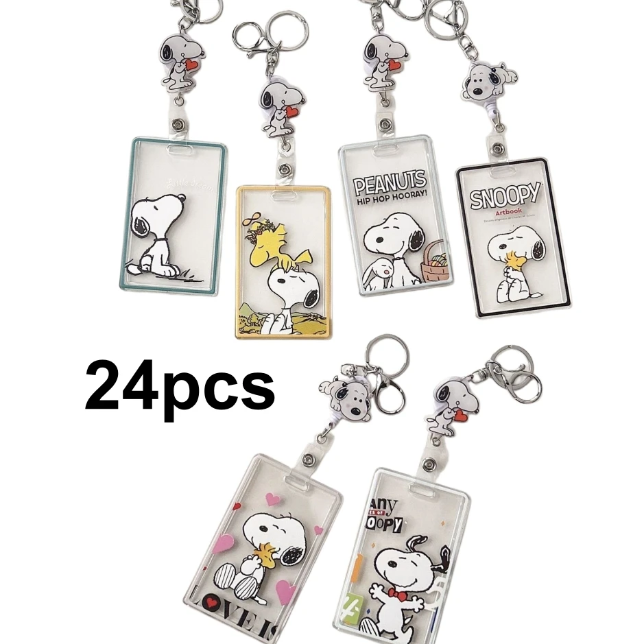 24pcs-snoopy-transparent-card-sleeves-student-campus-hanging-neck-bag-card-holder-lanyard-cartoon-id-card-student-id-card-holder