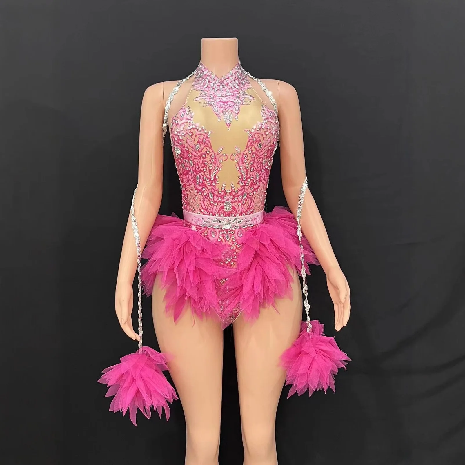 GC Singer Dance Sparkling Rhinestone Elastic Slimming Pink Mesh Jumpsuit Stage Performance Costume Female Diamond Dress