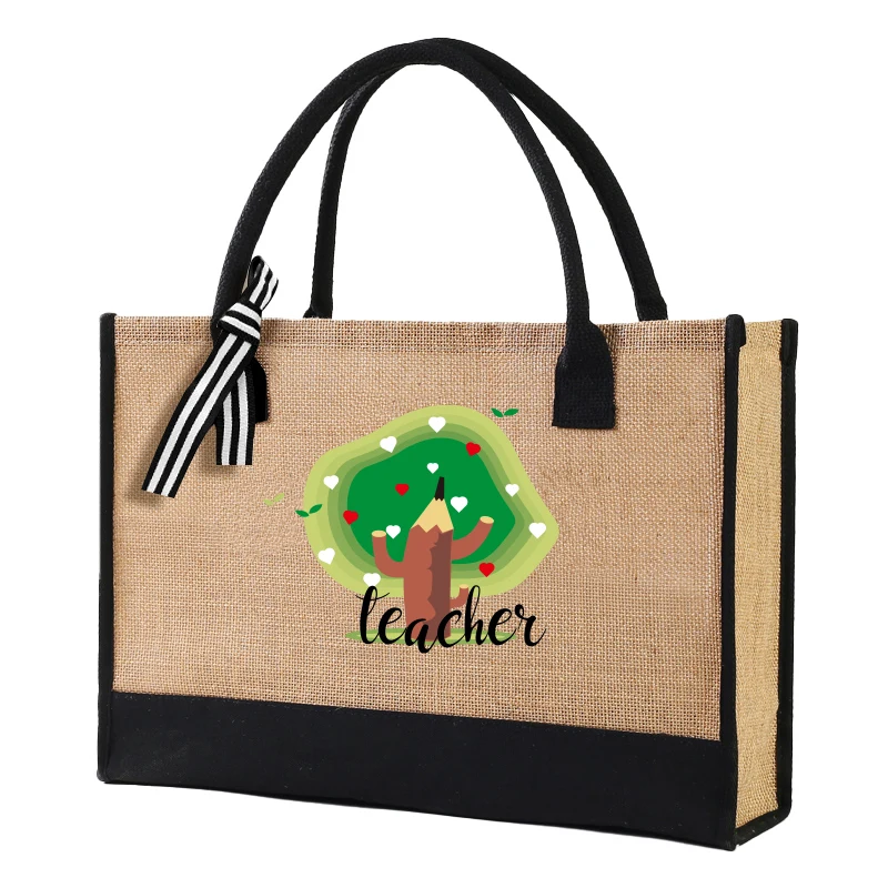 

Canvas large capacity men's handbag hand-held lunch bag with cartoon letter print reusable eco-friendly shopping bag