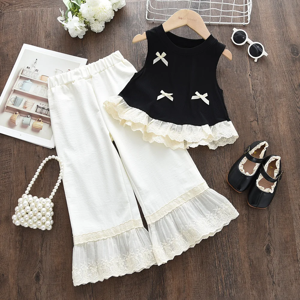 

2 Piece Set Girl's Sleeveless Vest Top for Summer New Children's Clothing with Bow and Lace Vest Sweet