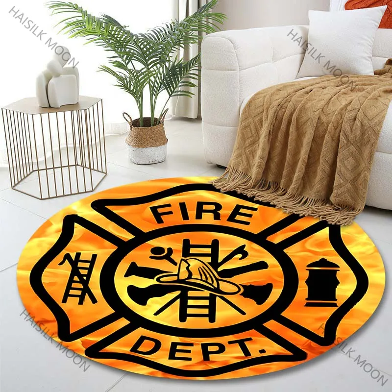 Multiple sizes Fire Department Badge with Flames Print Round Carpet Living Room Bedroom Table Chair Sofa Decorative Carpet