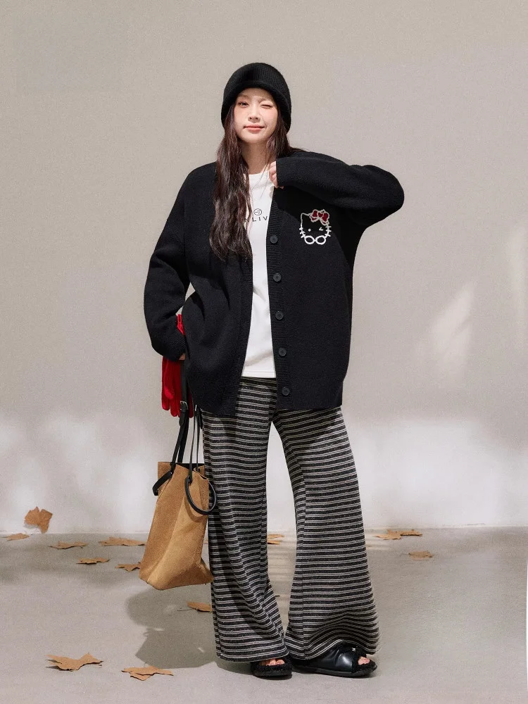 

Зимний комплект больших размеров: черный свитер-пальто и полосатые повседневные брюки для женщин, для поездок на работу, с высокой талией, длинными рукавами