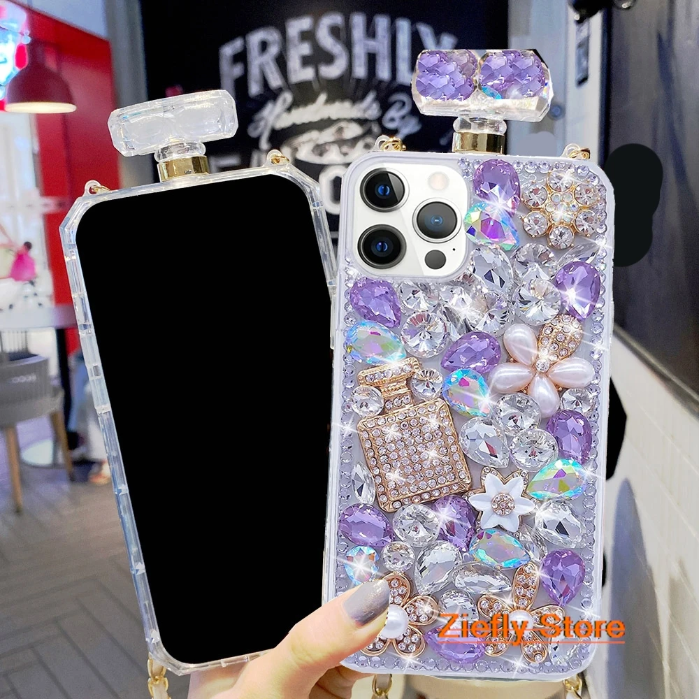 uxury Diamond Case TPU Rhinestone Bling Cover for Iphone 12 14 11 Pro 13 Pro max Perfume Bottle Coque 15 XS Max XR 16 8 7 Plus